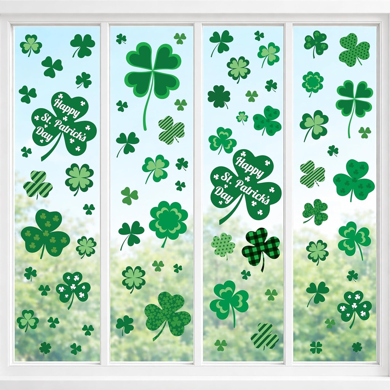 4E's Novelty 115 Pcs St Patricks Day Window Clings (9 Sheets), Green Shamrock Window Clings for Classy Decoration, Reusable St Patricks Day Windows Sticker & Fun St Patty's Day Windows Decoration